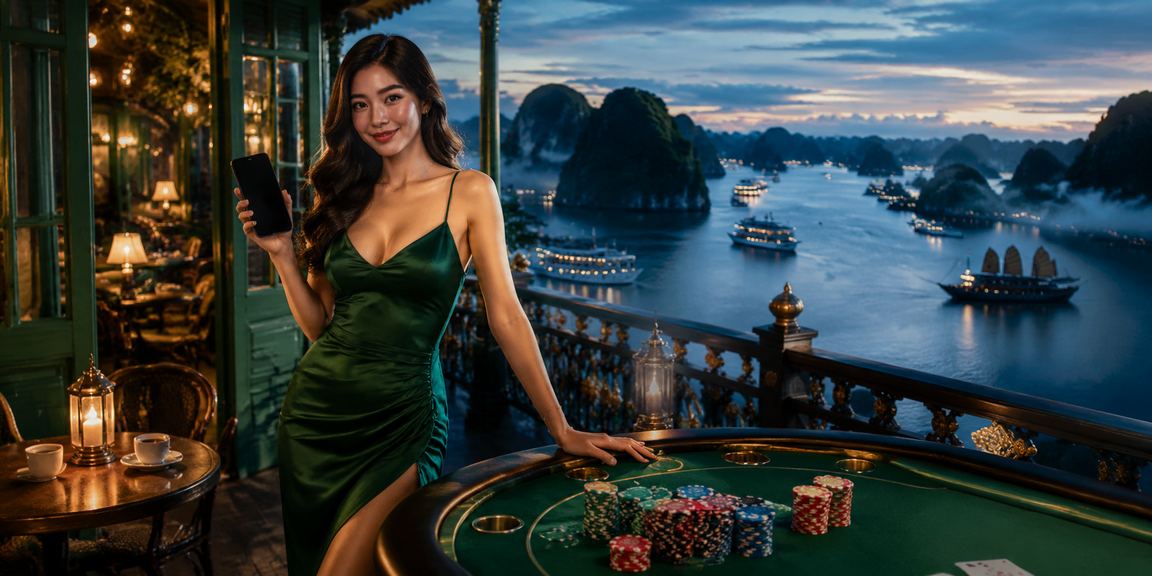 Người chơi bài tại vịnh Hạ Long thư giãn với cà phê và điện thoại di động