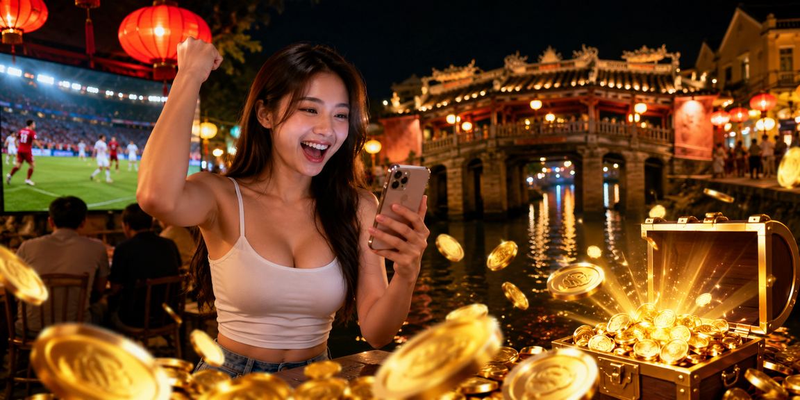 Người dùng đăng ký tài khoản và nhận thưởng tại chợ đêm Hội An với không khí sôi động